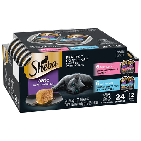 Sheba Perfect Portions Pate in Natural Juices with Sustainable Salmon/Tender White Fish & Tuna Entree Cat Food Seafood Variety Pack 24