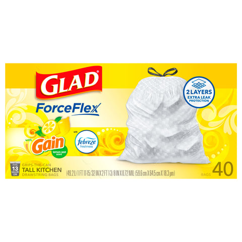 Glad Force Flex Drawstring Lemon Zest Scent Odor Shield 13 Gallon 40 CT