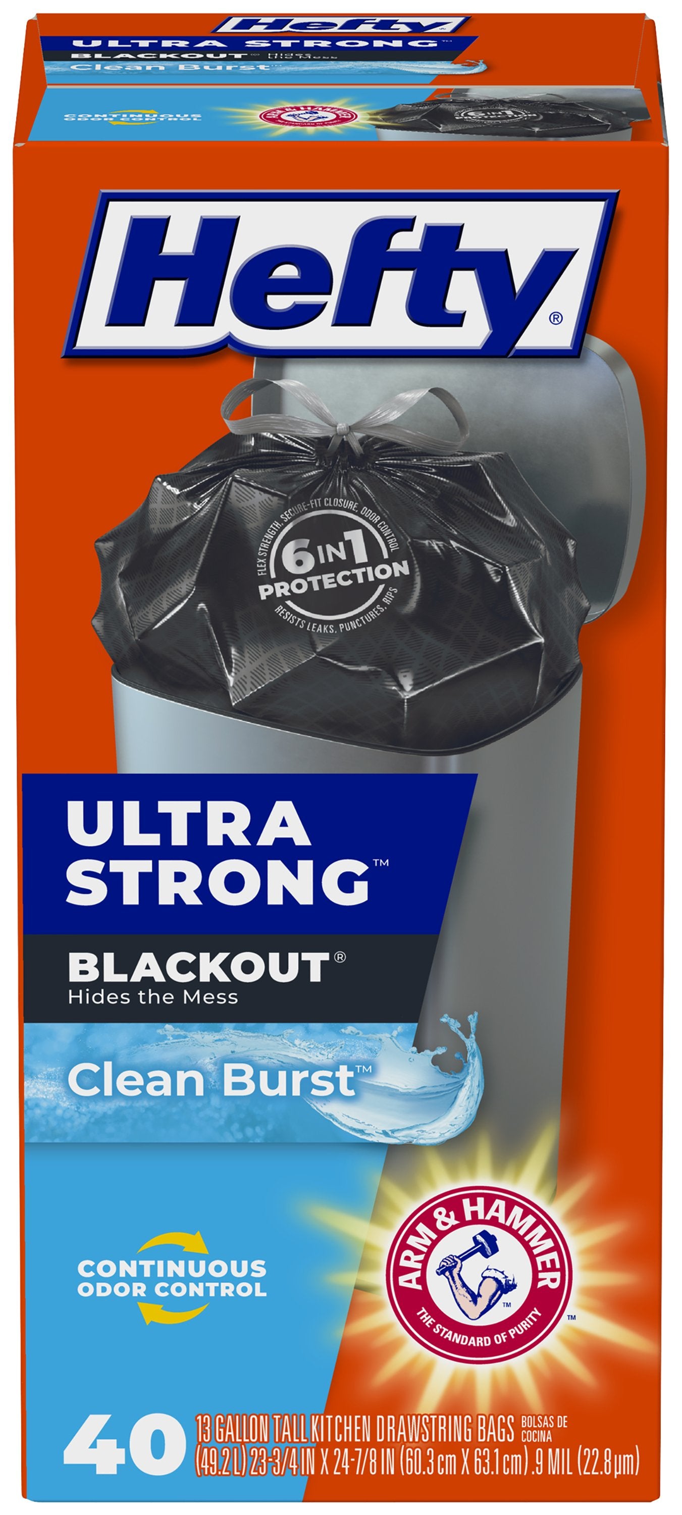 Hefty Ultra Strong Tall Kitchen Trash Bags, Blackout, Clean Burst, 13 Gallon,  40