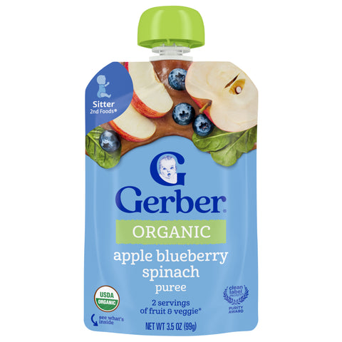 Gerber 2nd Foods Organic Pouch Apples Blueberries & Spinach - 3.5 OZ 12 Pack