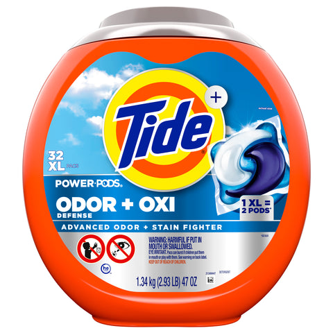 Tide Odor Defense + Oxi Laundry Detergent Pacs, Original Scent, Advanced Odor + Stain Fighter Pods 32 CT - 47 OZ 4 Pack