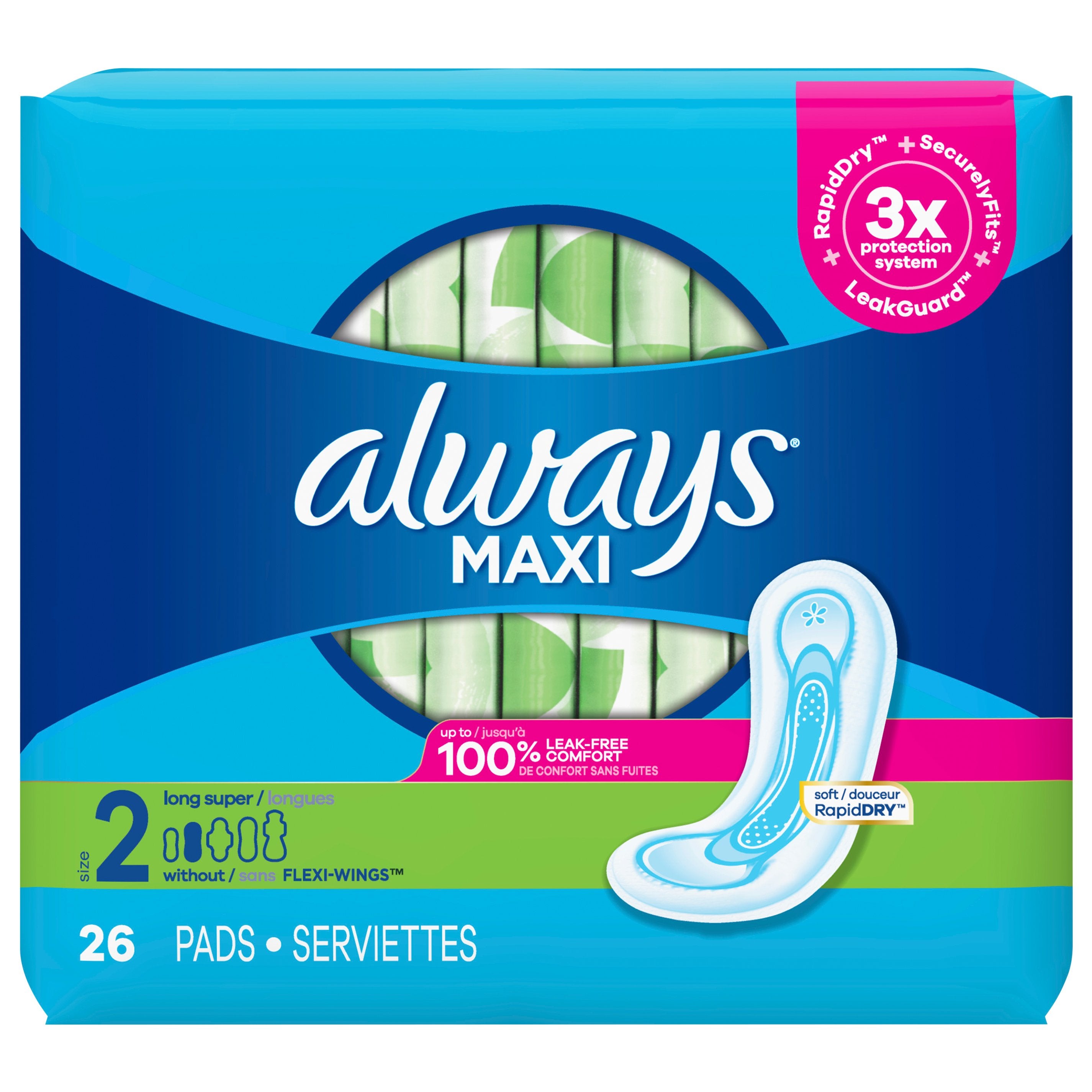 Always Long Super Without Flexi-Wings Maxi Pads - 26 CT 6 Pack