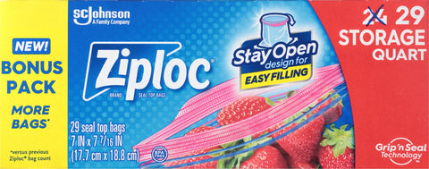 Ziploc Quart Storage Seal Top Bags Bonus Pack 29 Bags