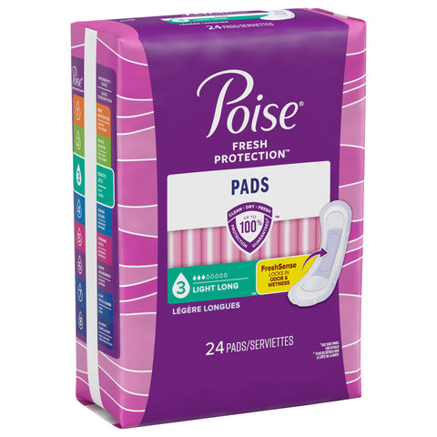 Poise Incontinence Pads & Postpartum Incontinence Pads, 3 Drop Light Absorbency, Long Length, 24 Count (Packaging May Vary)