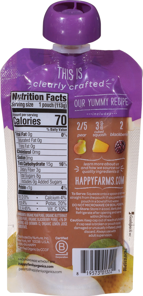 Happy Baby Organic Stage 2 Clearly Crafted Pear, Squash & Blackberries 4 OZ