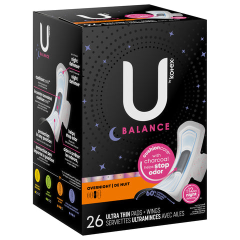 U by Kotex Balance Overnight Ultra Thin Pads + Wings 26 ea