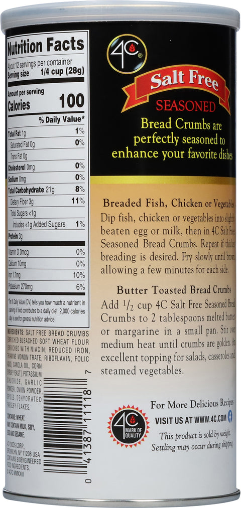 4C Bread Crumbs Salt Free Seasoned 12 OZ