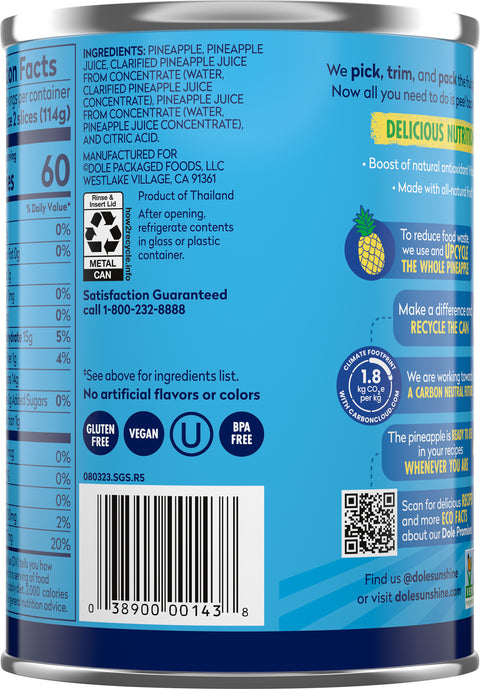 Dole Pineapple Slices In 100% Juice 20 OZ