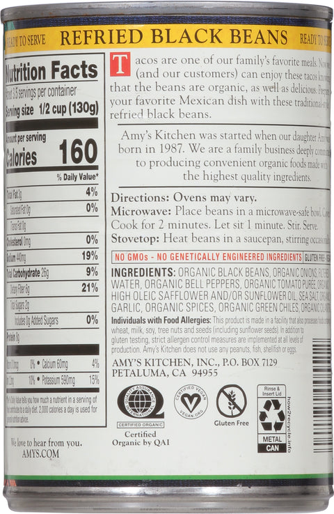 Amy's Organic Vegetarian Refried Black Beans 15.4 OZ