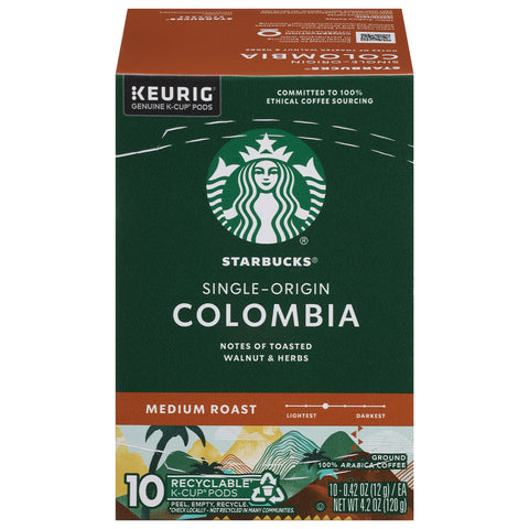 Starbucks Single-Origin Medium Roast Ground Colombia Coffee 10 - 0.42 oz K-Cup Pods - 6 Pack