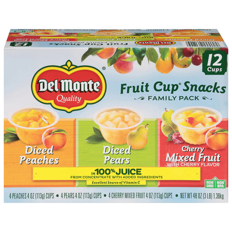 Del Monte Diced Peaches/Diced Pears/Cherry Mixed Fruit Family Pack Fruit Cup Snacks 12 - 4 oz Cups - 1 Pack