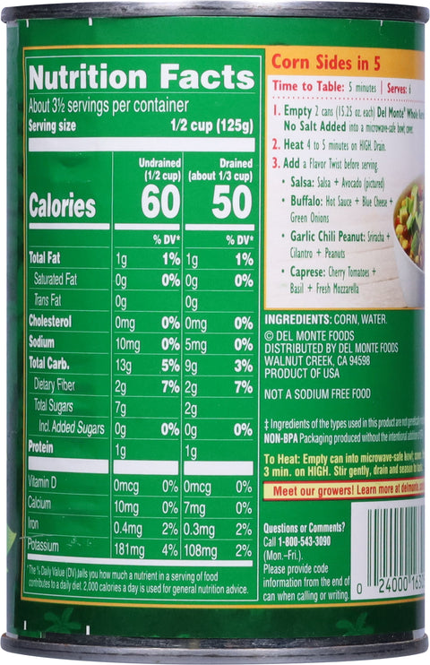 Del Monte Vegetables Fresh Cut Whole Kernel Corn No Salt Added 15.25 OZ