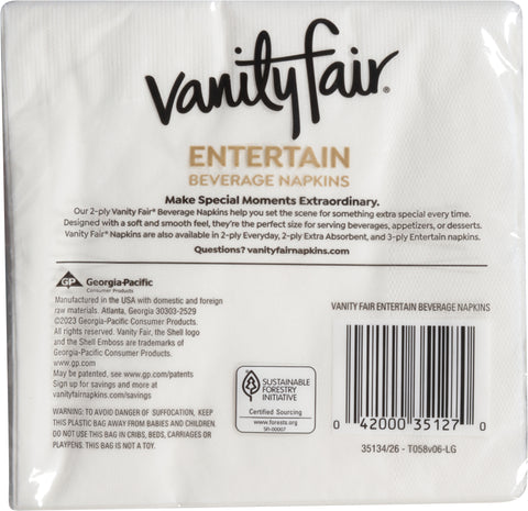 Vanity Fair 2-Ply Entertain Beverage Napkins 40 Each