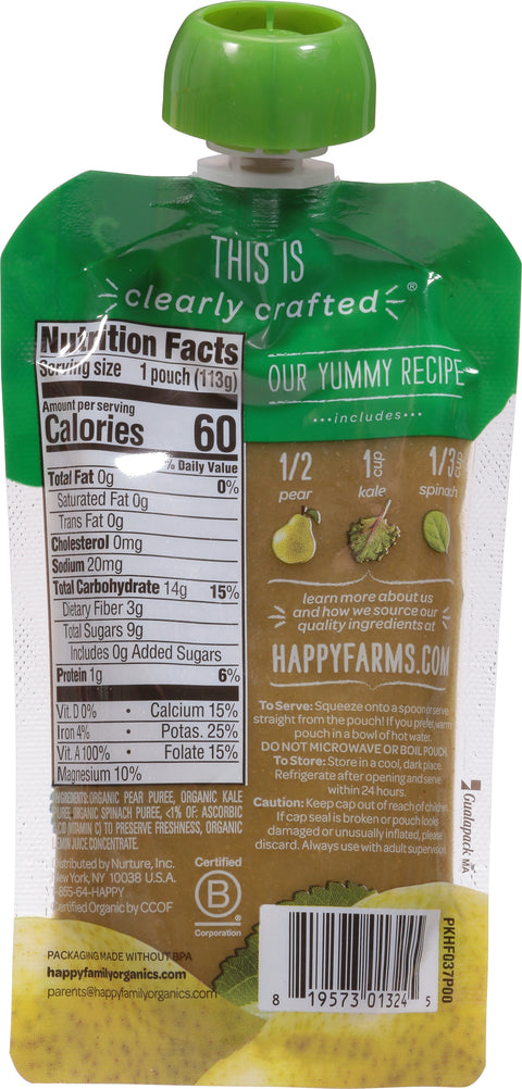 Happy Baby Organic Stage 2 Clearly Crafted Pear, Kale & Spinach 4 OZ