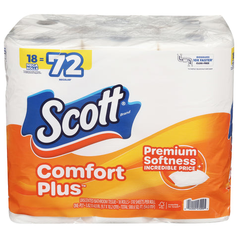 Scott Comfort Plus One-Ply Unscented Bathroom Tissue Mega Rolls 18 ea - 2 Pack