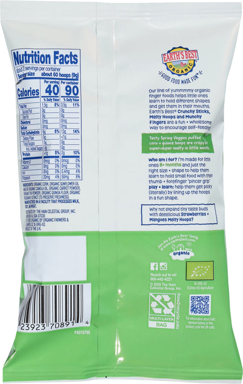 Earth's Best Organic Organic Ages 8 m+ Melty Hoops Spring Veggies Puffed Corn Snack 0.7 oz