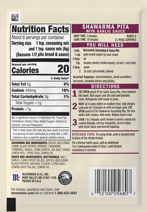 McCormick Shawarma Pita and Garlic Sauce Seasoning and Sauce - 1.37 OZ 6 Pack