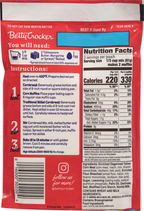 Betty Crocker Muffin Mix Cornbread & Muffin Pouch 6.5 OZ