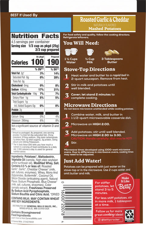 Betty Crocker Roasted Garlic & Cheddar Mashed Potatoes 4 OZ