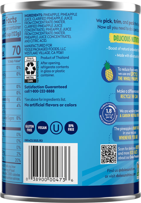 Dole Pineapple Chunks In 100% Juice 20 OZ