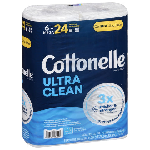 Cottonelle Ultra Clean Toilet Paper, Strong Toilet Tissue, 6 Mega Rolls (6 Mega Rolls = 24 Regular Rolls), 284 Sheets Per Roll