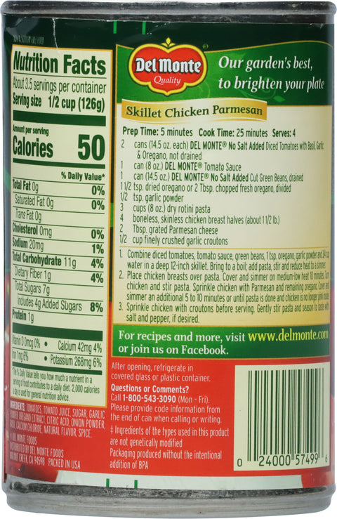 Del Monte Tomatoes Diced With Basil Garlic & Oregano No Salt Added 14.5 OZ