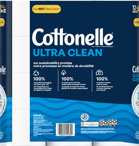 Cottonelle Ultra Clean Toilet Paper, Strong Toilet Tissue, 12 Mega Rolls (12 Mega Rolls = 48 Regular Rolls), 284 Sheets Per Roll