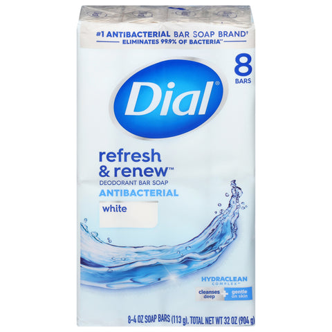 Dial Refresh & Renew Antibacterial Deodorant White Bar Soap 8 - 4 oz Bars - 32 OZ 4 Pack