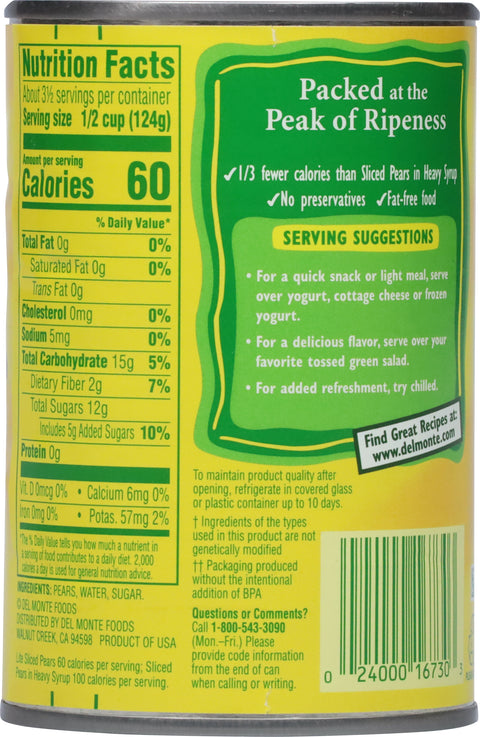 Del Monte Lite Sliced Pears 15 OZ