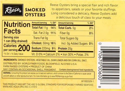 Reese Medium Smoked Oysters 3.7 OZ