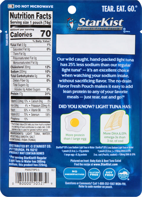 Starkist Tuna Pouch Low Sodium Wild Caught Light Tuna in Water 2.6 OZ