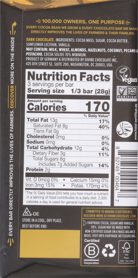 Divine Chocolate 70% Cocoa Dark Chocolate 3 oz