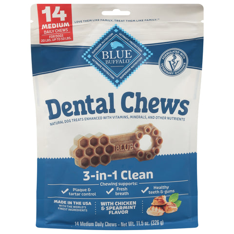 Blue Buffalo Blue 3-in-1 Clean Dental Chews with Chicken & Spearmint Flavor Medium 14 ea - 4 Pack