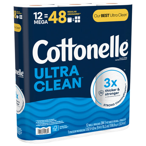 Cottonelle Ultra Clean Toilet Paper, Strong Toilet Tissue, 12 Mega Rolls (12 Mega Rolls = 48 Regular Rolls), 284 Sheets Per Roll