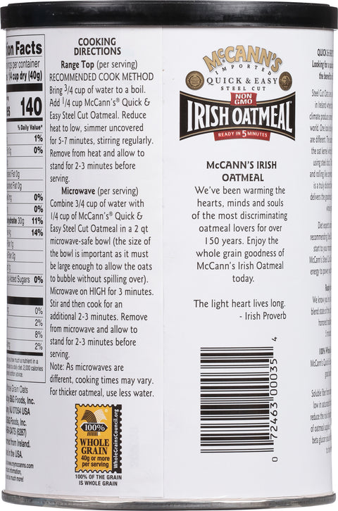 McCann's Quick & Easy Steel Cut Oats Irish Oatmeal 24 OZ
