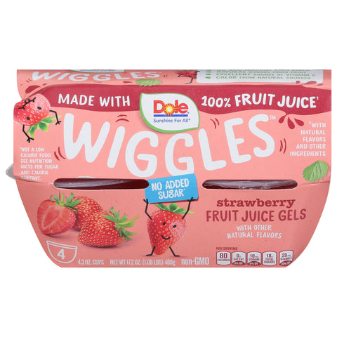 Dole Wiggles No Added Sugar Strawberry Fruit Juice Gels 4 - 3 oz Cups - 6 Pack