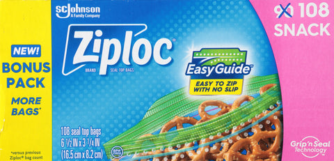 Ziploc Seal Top Snack Bags Bonus Pack 108 Bags - Back