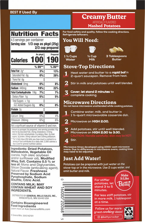 Betty Crocker Creamy Butter Mashed Potatoes 4 OZ