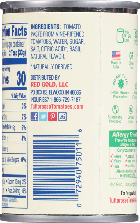 Tuttorosso Tomato Paste With Sweet Basil 6 OZ