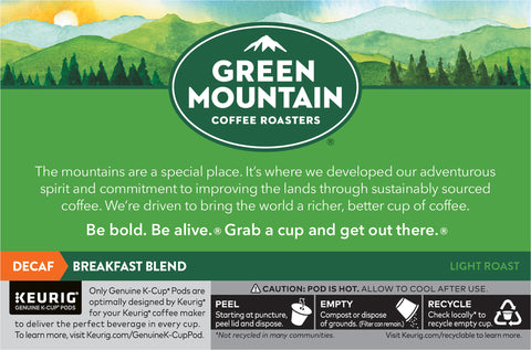Green Mountain Coffee Roasters Breakfast Blend Decaf Keurig Single-Serve K-Cup pods, Light Roast Coffee 3.1 OZ