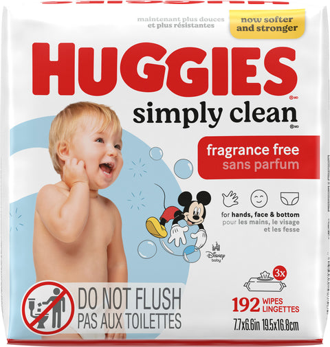 Huggies Simply Clean Fragrance-Free Baby Wipes, Unscented Diaper Wipes, 3 Flip-Top Packs (192 Wipes Total) (Select for More)