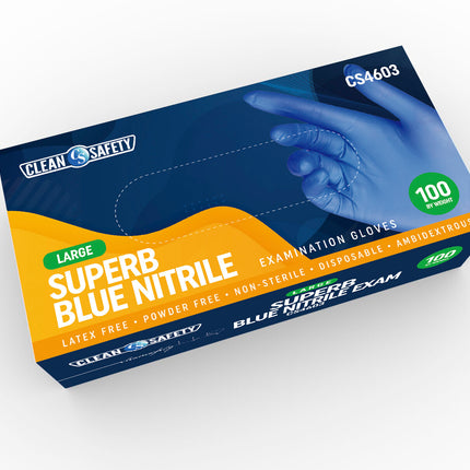 Superb Blue Nitrile Powder Free Examination Gloves, Single Use - Large - 100 ct 10 Pack