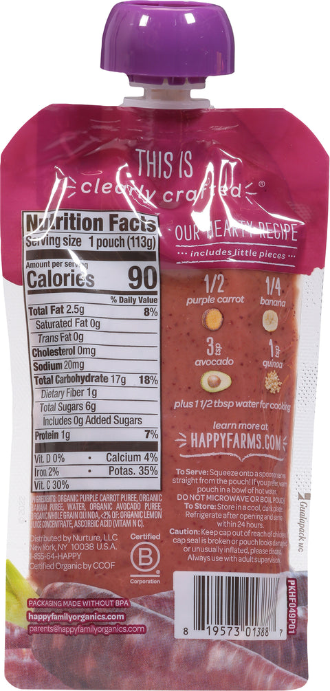 Happy Baby Organics 2 (6+ Months) Organic Purple Carrots, Bananas, Avocados & Quinoa Baby Food 4 oz