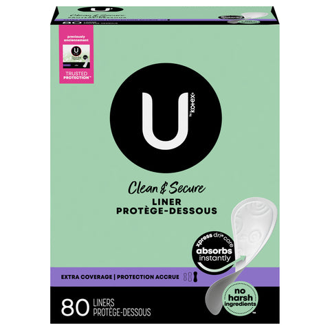 U by Kotex Clean & Secure Panty Liners, Light Absorbency, Extra Coverage, 80 Count