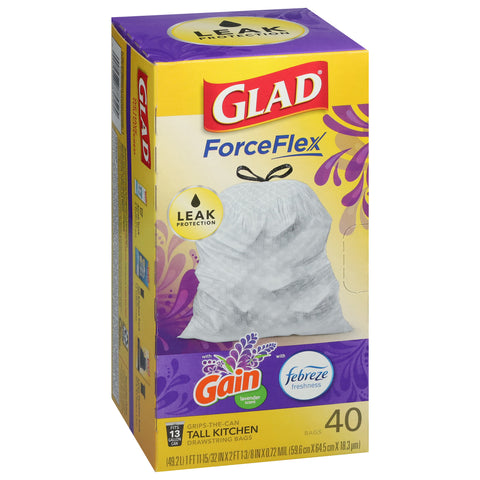 Glad ForceFlex Plus Febreze Mediterranean Lavender 13 Gallon Tall Kitchen Drawstring Bags 40 CT