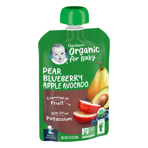 Gerber 2nd Foods Organic Pouch Pears Blueberries Apple & Avacado 3.5 OZ