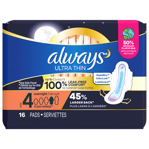 Always Ultra Thin Overnight Pads with Flexi-Wings, Size 4, Overnight, Unscented, 16 Count - 16 CT 6 Pack