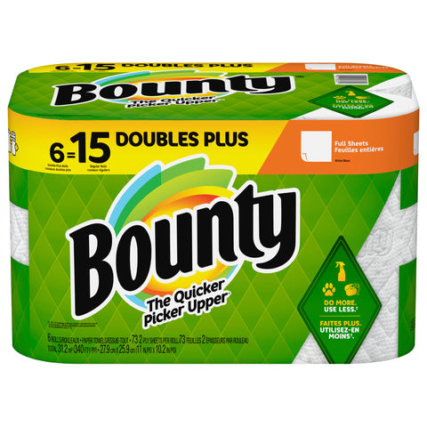 Bounty Full Sheet Paper Towels, 6 Double Plus Rolls, White, 73 Sheets Per Roll - 438 CT 1 Pack