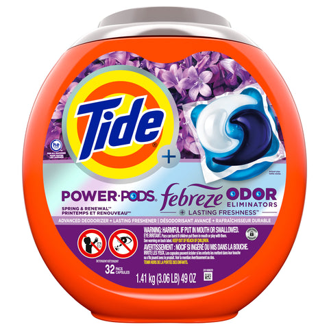 Tide Power Pods with Febreze Laundry Detergent Pacs, 32 Count, Spring & Renewal Scent, Febreze Freshness with Odor Eliminators - 49 OZ 4 Pack