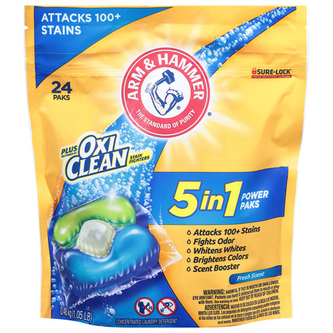 Arm & Hammer Plus OxiClean Power Paks 5 in 1 Stain Fighters Concentrated Fresh Scent Laundry Detergent 24 ea - 16.8 OZ 4 Pack